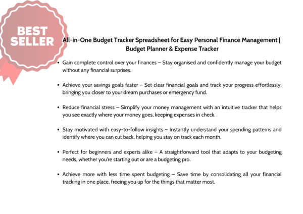 All-in-one budget tracker spreadsheet for personal finance management, savings goals, and expense tracking