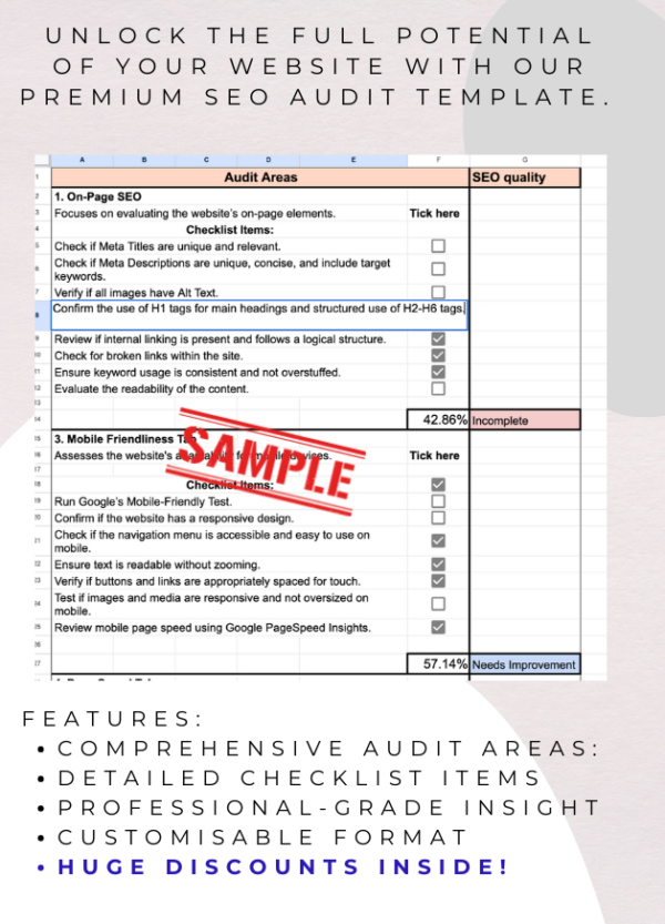 Premium SEO Audit Template with step-by-step instructions, tools, and discounts for optimizing website SEO.