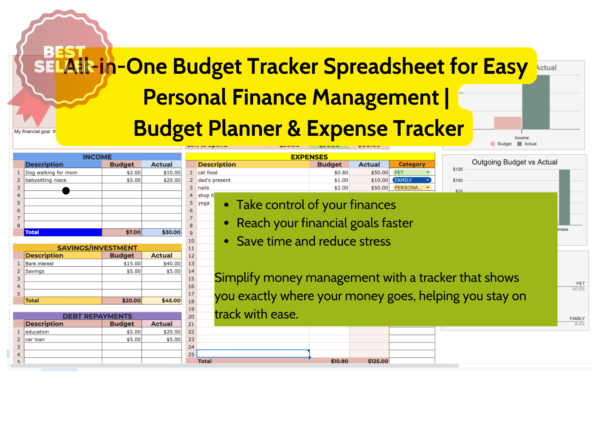 All-in-one budget tracker spreadsheet for personal finance management, savings goals, and expense tracking